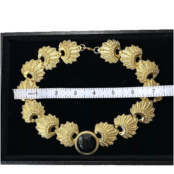 80s Statement Collar Necklace Gold Tone Black Fashion Jewelry Holiday Cosplay - Picture 2 of 6